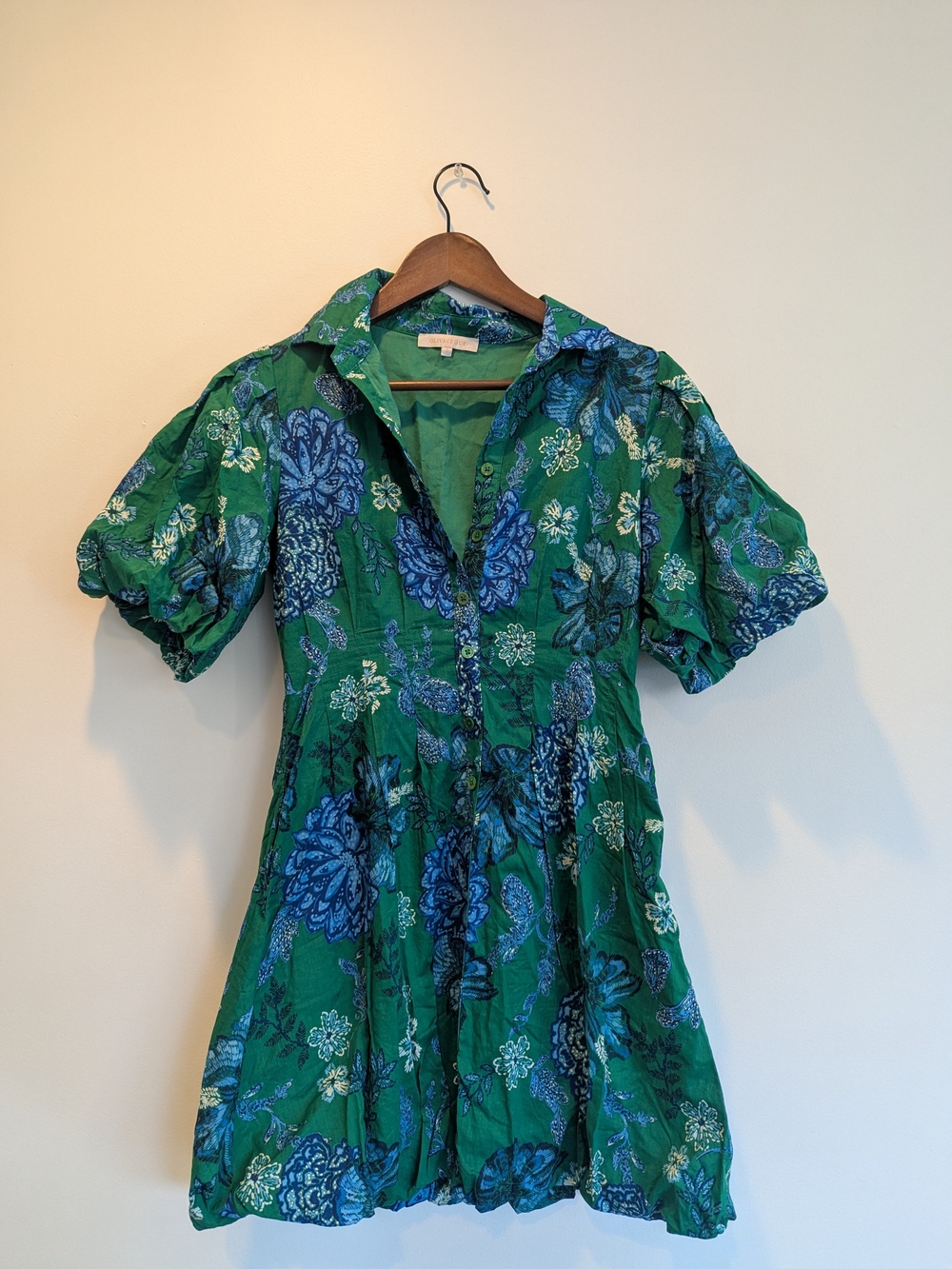 Olivaceous Green Bubble Dress with Blue Floral Print
